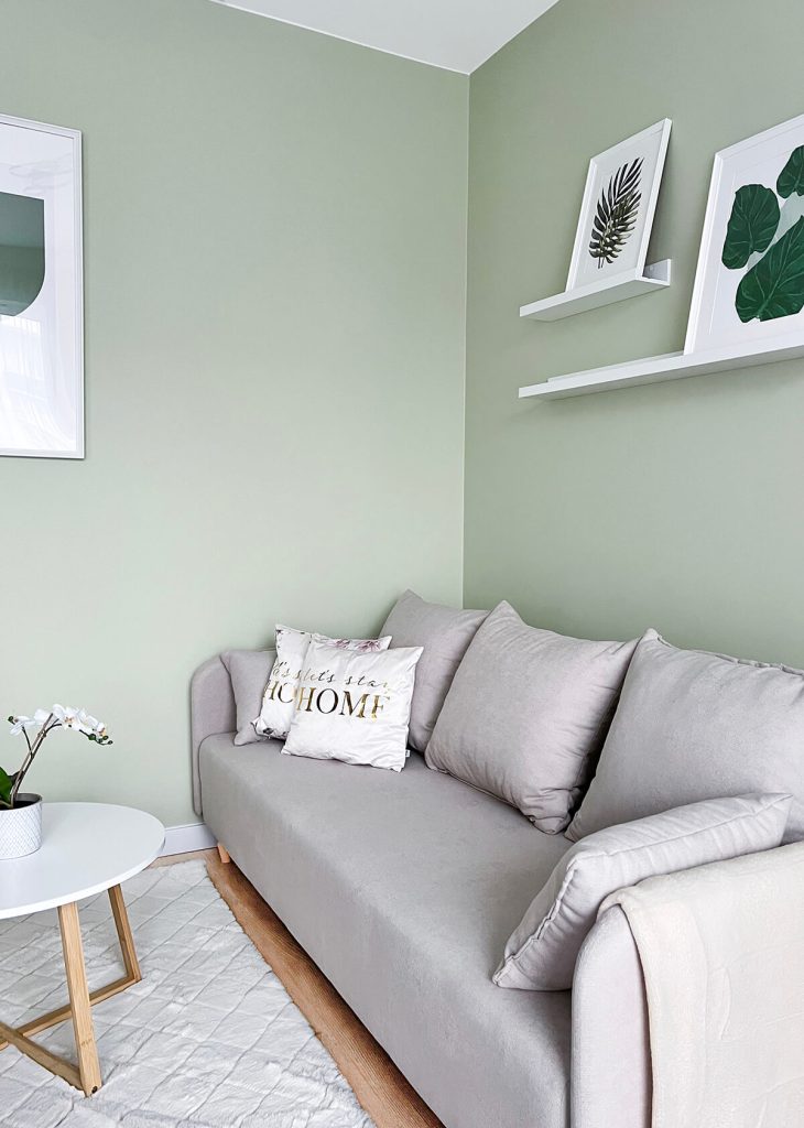 Przytulna strefa wypoczynkowa z jasnoszarą sofą i dekoracyjnymi poduszkami na tle pastelowozielonej ściany z grafikami roślinnymi - kawalerka na wynajem Łódź