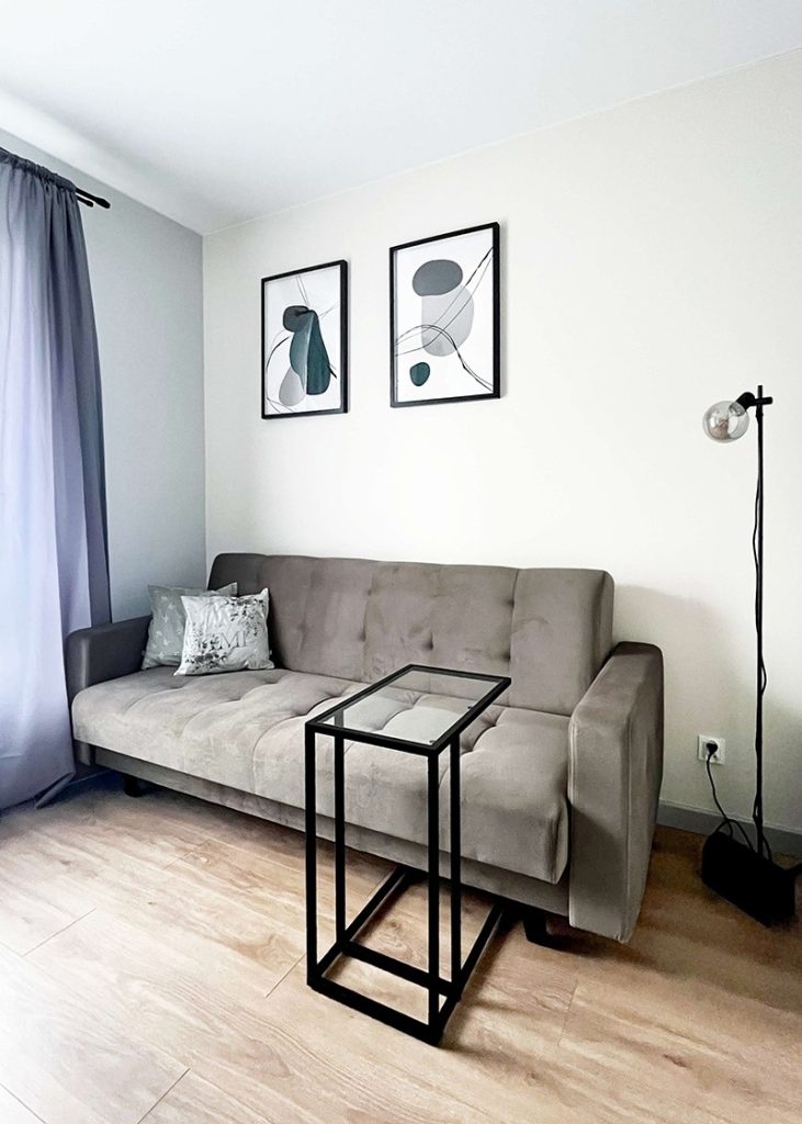 Pokój z rozkładaną sofą, stojącą lampą i grafikami na ścianie. Jasne wnętrze z dużym oknem